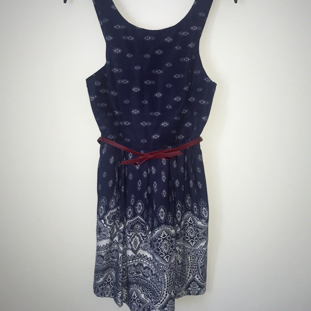 Blue dress with Red leather bow